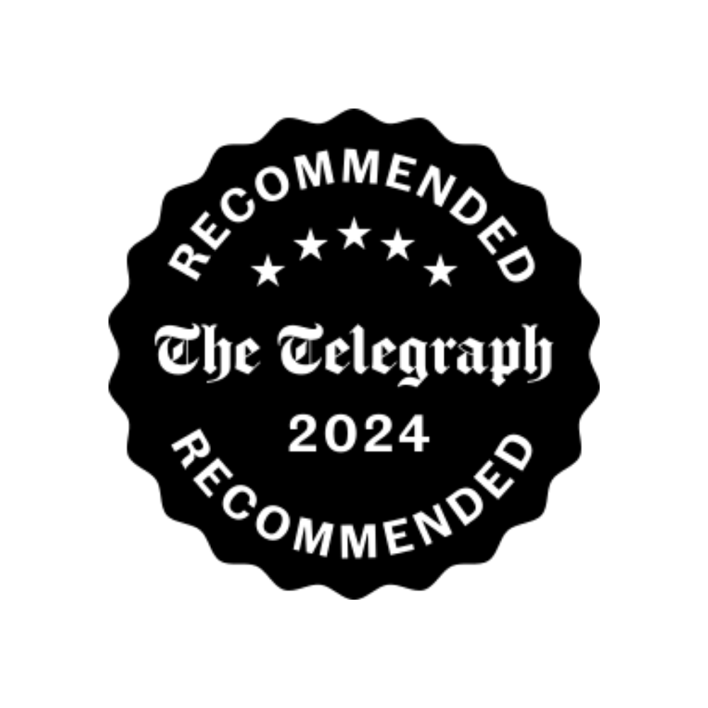 Black and white 'Recommended by The Telegraph 2024' badge on a white background