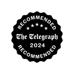 Black and white 'Recommended by The Telegraph 2024' badge on a white background